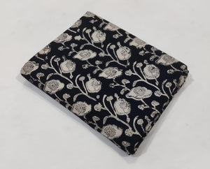 Black and Off White Bagru Hand Block Printed Pure Cotton Fabric with Floral print