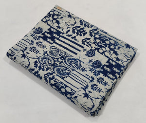 Indigo and White Dabu Indigo Hand Block Printed Pure Cotton Fabric with floral design