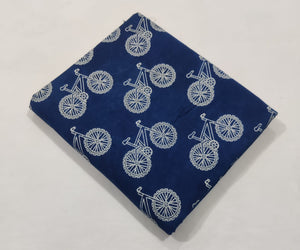 Indigo and White Dabu Indigo Hand Block Printed Pure Cotton Fabric with bicycle design