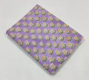 Purple and Yellow Sanganeri Hand Block Printed Pure Cotton Fabric with Floral design