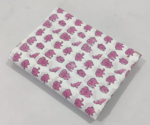 Pink and White Sanganeri Hand Block Printed Pure Cotton Fabric with elephant design