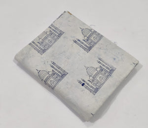 Blue and White Dabu Indigo Hand Block Printed Pure Cotton Fabric with Taj Mahal design