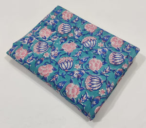 Blue and Pink Sanganeri Handblock Pure Cotton Fabric with Floral print