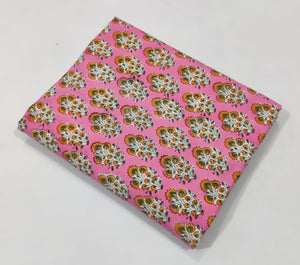 Pink and Yellow Sanganeri Handblock Pure Cotton Fabric with Floral print