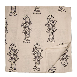 Black and Off white Bagru Hand Block Printed Pure Cotton Fabric with fish print