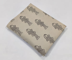 Black and Off white Bagru Handblock printed cotton fabric with fish design