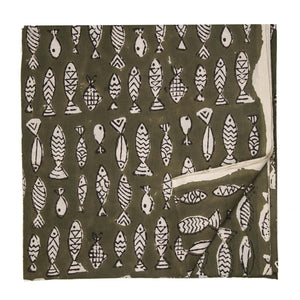 Grey and Off white Bagru Hand Block Printed Pure Cotton Fabric with fish print