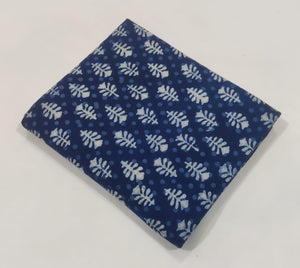Blue and White Dabu Indigo Hand Block Printed Cotton Fabric with floral print