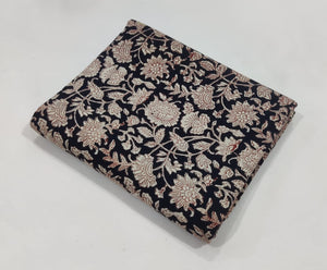 Black and Off white Bagru Hand Block Printed Cotton Fabric with floral print