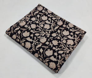 Black and Off white Bagru Hand Block Printed Cotton Fabric with floral print