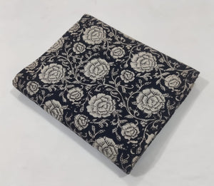 Black and Off white Bagru Hand Block Printed Cotton Fabric with floral print