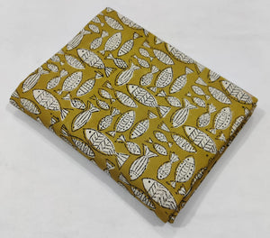Yellow and Off White Bagru Hand Block Printed Cotton Fabric with fish print
