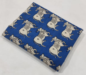 Blue and Off White Bagru Hand Block Printed Cotton Fabric with cow or bull design