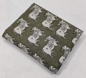 Grey and Off White Bagru Hand Block Printed Cotton Fabric with cow or bull design