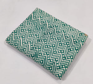 Green and Off White Bagru Hand Block Printed Cotton Fabric with zigzag lines