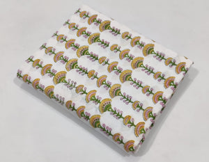Yellow and Green Sanganeri Hand Block Printed Cotton Fabric with floral design