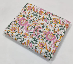 Pink and Yellow Sanganeri Hand Block Printed Cotton Fabric with floral design