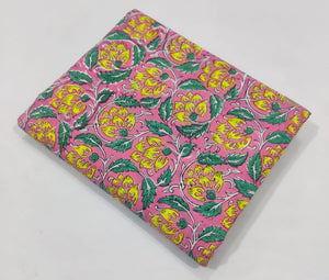 Pink and Yellow Sanganeri Hand Block Printed Cotton Fabric with floral design