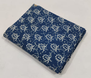 Blue and Off White Dabu Hand Block Printed Cotton Fabric with floral design