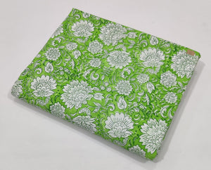 Green and White Sanganeri Hand Block Printed Cotton Fabric with Floral print