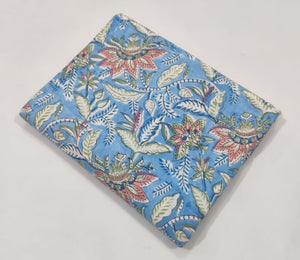 Blue and Peach Sanganeri Hand Block Printed Cotton Fabric with Floral print