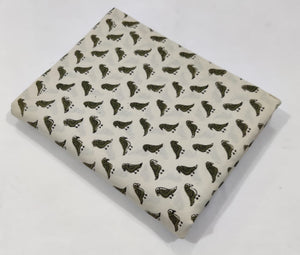 Grey and Off white Bagru Hand Block Printed Pure Cotton Fabric with bird print