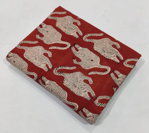 Red and Off white Bagru Hand Block Printed Pure Cotton Fabric with tiger animal print