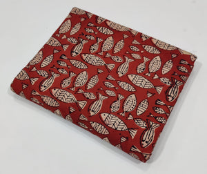 Red and Off white Bagru Hand Block Printed Pure Cotton Fabric with fish print