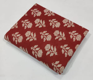 Red and Off white Bagru Hand Block Printed Pure Cotton Fabric with floral print