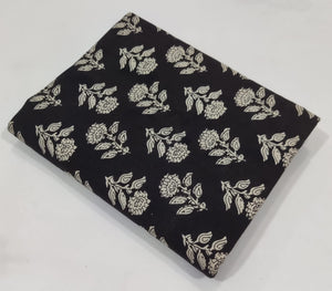 Black and Off White Bagru Hand Block Printed Pure Cotton Fabric with floral print