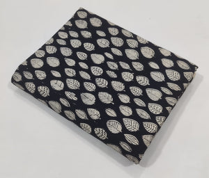 Black and Off white Bagru Hand Block Printed Pure Cotton Fabric with leaf print