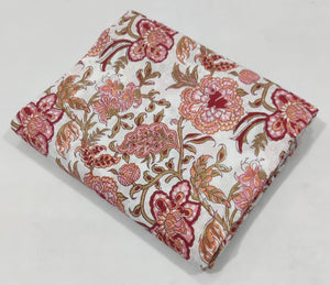 Peach and Red Sanganeri Hand Block Printed Pure Cotton Fabric with floral print