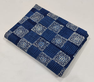 Blue and White Dabu Indigo Hand Block Printed Cotton Fabric with abstract and floraldesign