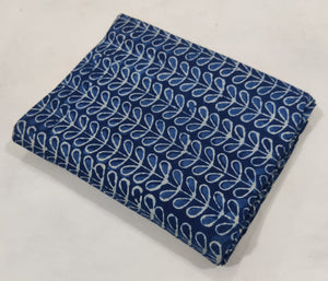 Blue and White Dabu Indigo Hand Block Printed Cotton Fabric with leaf design