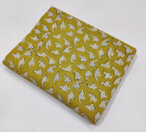 Yellow and Off white Sanganeri Hand Block Printed Pure Cotton Fabric 60 x 60 thread count with duck print