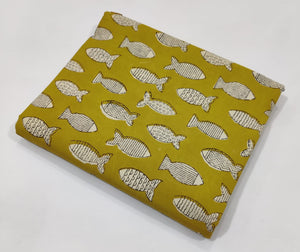 Yellow and Off white Sanganeri Hand Block Printed Pure Cotton Fabric 60 x 60 thread count with fish print