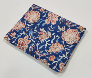 Blue and Peach Sanganeri Hand Block Printed Pure Cotton Fabric 60 x 60 thread count with floral print