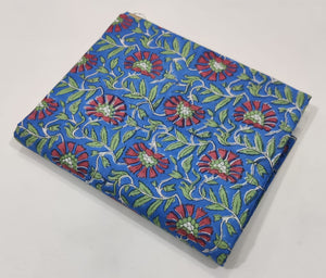 Red and Blue Sanganeri Hand Block Printed Cotton Fabric with floral print