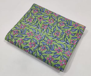 Pink and Green Sanganeri Hand Block Printed Cotton Fabric with floral print