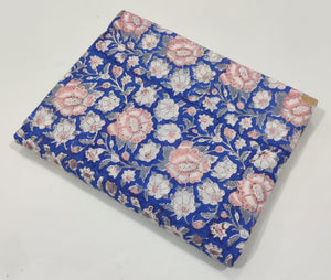 Blue and Pink Sanganeri Hand Block Printed Cotton Fabric with floral print