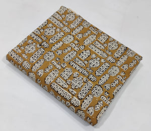 Yellow and Off White Bagru Hand Block Printed Pure Cotton Fabric with abstract print