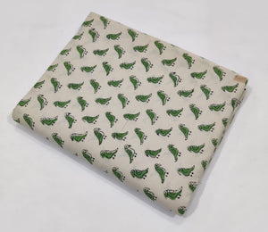 Green and Off White Bagru Hand Block Printed Pure Cotton Fabric with bird print