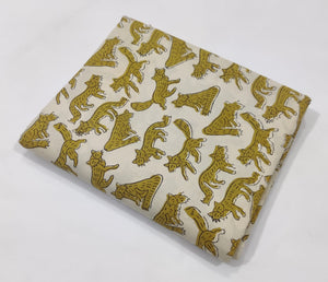 Yellow and Off White Bagru Hand Block Printed Pure Cotton Fabric with fox animal print