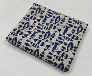 Blue and Off White Bagru Hand Block Printed Pure Cotton Fabric with fish print