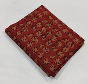 Red and Brown Bagru Hand Block Printed Pure Cotton Fabric with elephant animal design