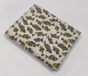 Yellow and Green Bagru Hand Block Printed Pure Cotton Fabric with fish design