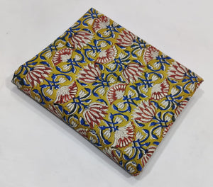 Yellow and blue Bagru Hand Block Printed Pure Cotton Fabric with floral design