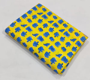 Yellow and Blue Sanganeri Hand Block Printed Pure Cotton Fabric with elephant design