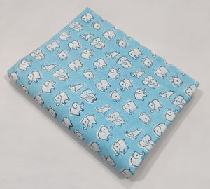 White and Blue Sanganeri Hand Block Printed Pure Cotton Fabric with elephant design