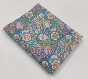 Pink and Blue Sanganeri Hand Block Printed Pure Cotton Fabric with floral design